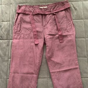 Burgundy linen pants with tie belt